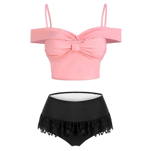 Moon Goddess Boutique Other - 🚨🆑️✂️ TANKINI SWIMSUIT | Bow Front Detail Lace Skirt Bottom Pink Black XL